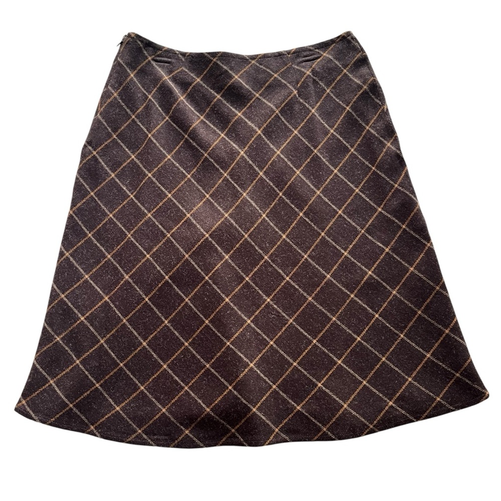 Lands’ End Women’s 8 Petite Brown Tan Windowpane Plaid Woven A-Line Skirt 409620